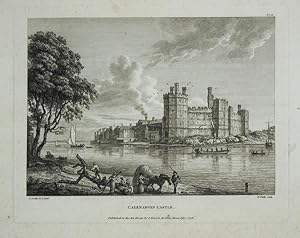 Original Antique Engraving Illustrating a View of Caernarvon Castle. By Paul Sandby. Titled and D...