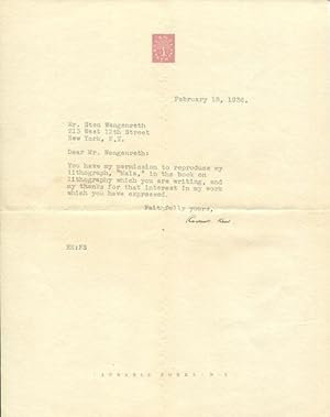 1936 Rockwell Kent Writes to Stow Wengenroth about Reproducing a Kent Lithograph