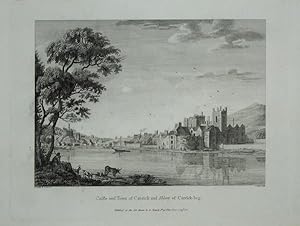 Original Antique Engraving Illustrating a View of the Castle and Town of Carrick and Abbey of Car...