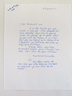 1 Lettre autographe signée du poète et émailleur bordelais Raymond Mirande.