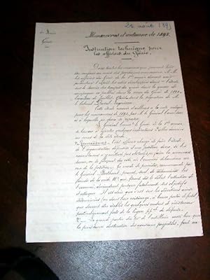 Document manuscrit de 4 pages du 24 août 1895 signé par le Général TARTAT Commandant le Génie de ...