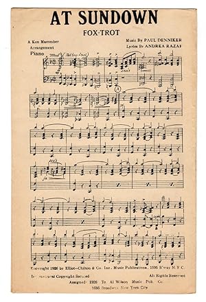 At Sundown/ 1926 Vintage Fox-Trot Sheet Music (Paul Denniker and Andrea Razaf). Arranged by Ken M...