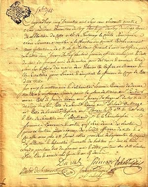 Intéressant document manuscrit du 5 décembre 1764 , concerne une réunion des conseillers du Roy d...