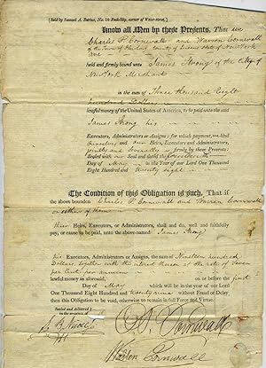 1829 Manuscript Obligations Binding Charles P. Cornwall and Warren Cornwall to James Strong, Merc...