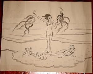 Très beau grand dessin original encre de chine et mine de plomb représentant des enfants se baign...