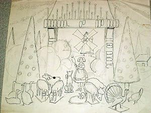Très beau grand dessin original encre de chine et mine de plomb représentant Une bergère avec des...