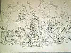 Très beau grand dessin original encre de chine et mine de plomb représentant Des Scènes humoristi...