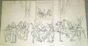 Très beau grand dessin original encre de chine et mine de plomb représentant des scènes théâtrale...