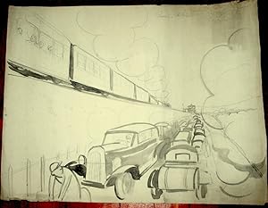 Très beau grand dessin original encre de chine et mine de plomb avec une légende "Prenez le train...