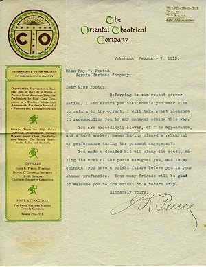 The Oriental Theatrical Company letter to performer with Ferris Hartman Company