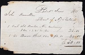 Handwritten Receipt for the purchase of Ale and Stout from Anthony Slater by John Hamilton, Phila...