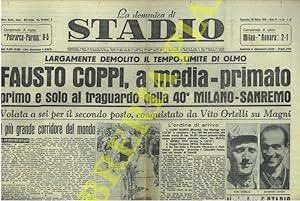 Fausto Coppi, a media-primato primo e solo al traguardo della 40° Milano-Sanremo.