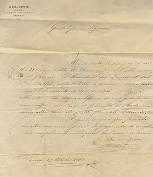 Lettera manoscritta autografa firmata, stesa su una facciata, datata "Firenze 29 Ottobre 1860", i...