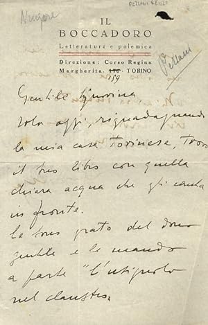 Lettera manoscritta autografa, firmata, su due facciate, su foglio intestato "Il Boccadoro. Lette...