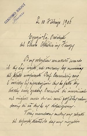 Lettera manoscritta autografa, firmata, su due facciate, su carta intestata "Giacomo Brogi Firenz...
