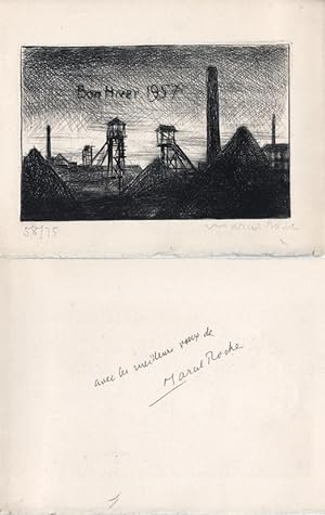 Marcel Roche : carte de voeux pour 1957 et gravure Originale