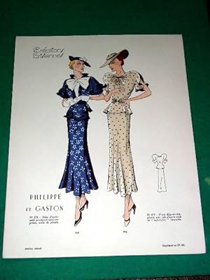 Gravure de mode en couleurs de 1935 représentant deux modèles de robes de la Maison Philippe & Ga...