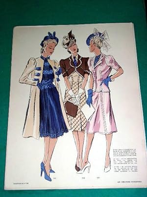 Gravure de mode en couleurs des années 40 représentant des modèles de robes, tailleur et veste.