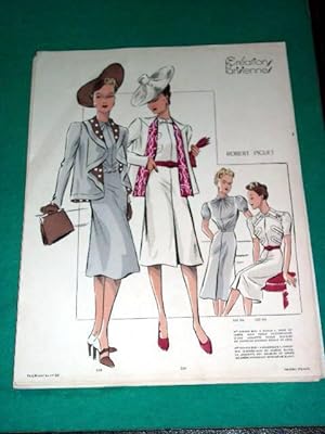 Gravure de mode en couleurs des années 40 représentant des modèles de robes de la maison Robert P...