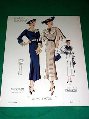 Gravure de mode en couleurs de 1935 représentant deux modèles de robes de la Maison Jean Patou