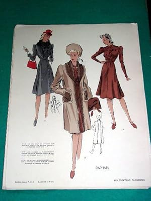 Gravure de mode en couleurs des années 40 représentant des modèles de robe et manteaux de la mais...