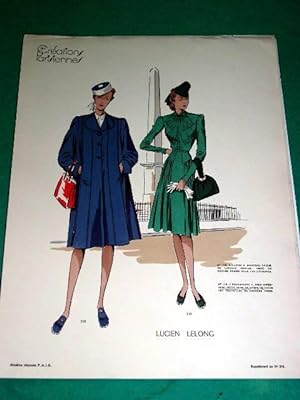 Gravure de mode en couleurs de 1941 représentant deux modèles de robes de la Maison Lucien Lelong.