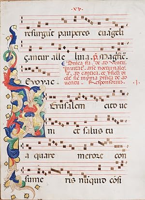 Large illuminated leaf from an Antiphonal centred on the word Jerusalem