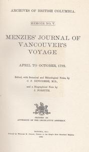 Menzies' Journal of Vancouver's voyage, April to October, 1792