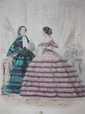 Original Watercolor and Pencil Drawing for a Fashion Plate Featuring Two Women in Gowns