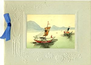 Chinese embossed Christmas card, with cut stamp montage on a watercolor landscape