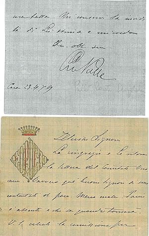 Cartoncino quadrettato in blu con mogramma nobiliare in rosso e oro in rilievo datato: "28-4-1879"