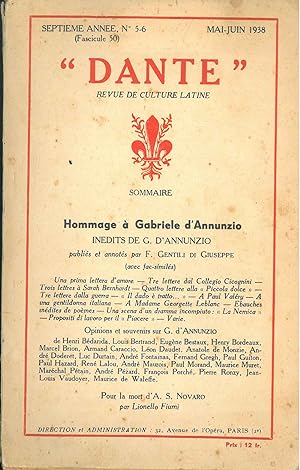 "Dante" Revue de culture latine. Hommage à Gabriele D'Annunzio. Inedits di G. D'Annunzio. septièm...