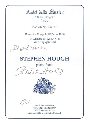 Firma autografa del pianista al frontespizio del Programma di sala del 762° concerto degli Amici ...
