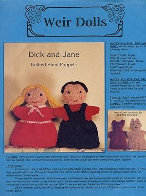 WEIR DOLLS : DICK AND JANE KNITTED HAND PUPPETS : And Dog & Cat Puppet