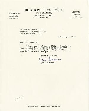 Typed letter signed from Carl Foreman to Daniel Selznick, 1968