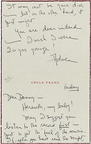 Autograph Note from Adele Franz [Longmire] signed to Daniel Selznick, 1969