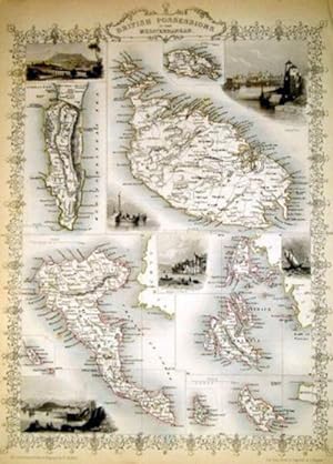 British Possessions in the Mediterranean, antique map with vignette views