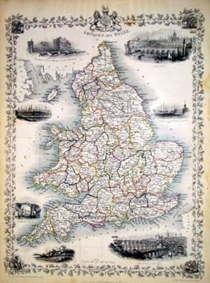 England and Wales, antique map with vignette views