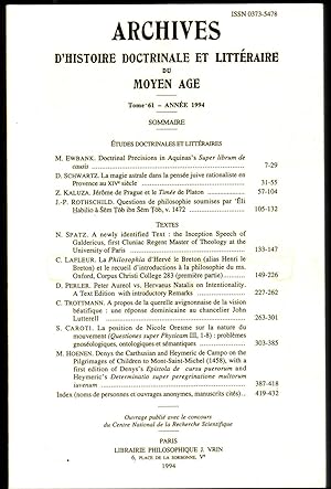 Archives d'histoire doctrinale et littéraire du Moyen Age. Tome 61 (année 1994)