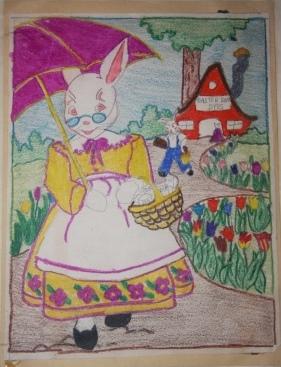 Homemade Book of Mounted Crayon Colored Drawings and Cut-outs of Bunnies and Other Animals, Flowe...