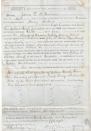 1858 SHERIFF'S DEED FOR LAND IN MADISON COUNTY, ILLINOIS, CONVEYING 160 ACRES TO ISAAC HARKLEROAD...