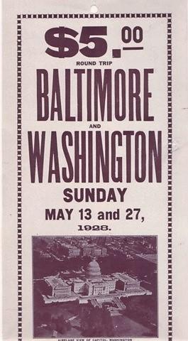 $5.00 ROUND TRIP, BALTIMORE AND WASHINGTON, SUNDAY, MAY 13 AND 27, 1928.