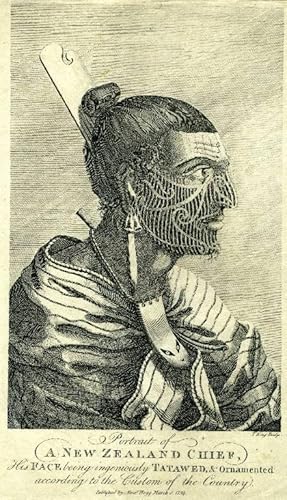Portrait of a New Zealand Chief, His Face being Ingeniously Tatawed and Ornamented According to t...