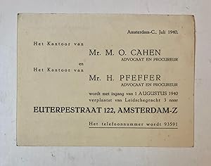 [Printed publication CAHEN, PFEFFER] Gedrukt bericht betreffende de verhuizing van de advocatenka...