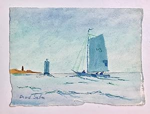 [Drawing, aquarel, watercolor]Geaquarelleerde tekening van twee schepen op zee, gesigneerd D. v.d...