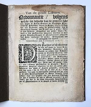 [Pamphlet, cloth industry, 1716] 'Van de goude lakenen. Ordonnantie volgens welcke (.) van wegen ...