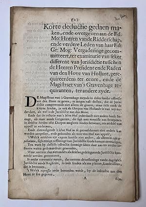 [Printed publication] GRAVENHAGE, HOF VERSUS MAGISTRAAT--- Korte deductie (.) ter examinatie van ...