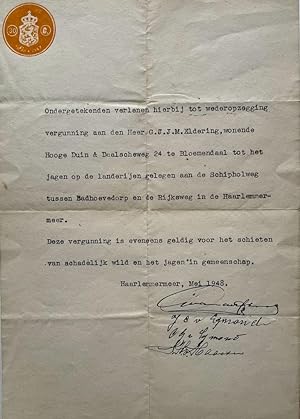 Hunting licence 1948 I Jachtvergunning voor G.J.J.M. Eldering te Bloemendaal, d.d. Haarlemmermeer...