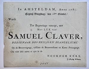 [Printed publication 1781, Amsterdam] Uitnodiging tot bijwonen van de begrafenis van Ds Samuel Cl...