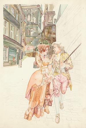 Bozzetto raffigurante una coppia in abiti settecenteschi con edifici sullo sfondo.